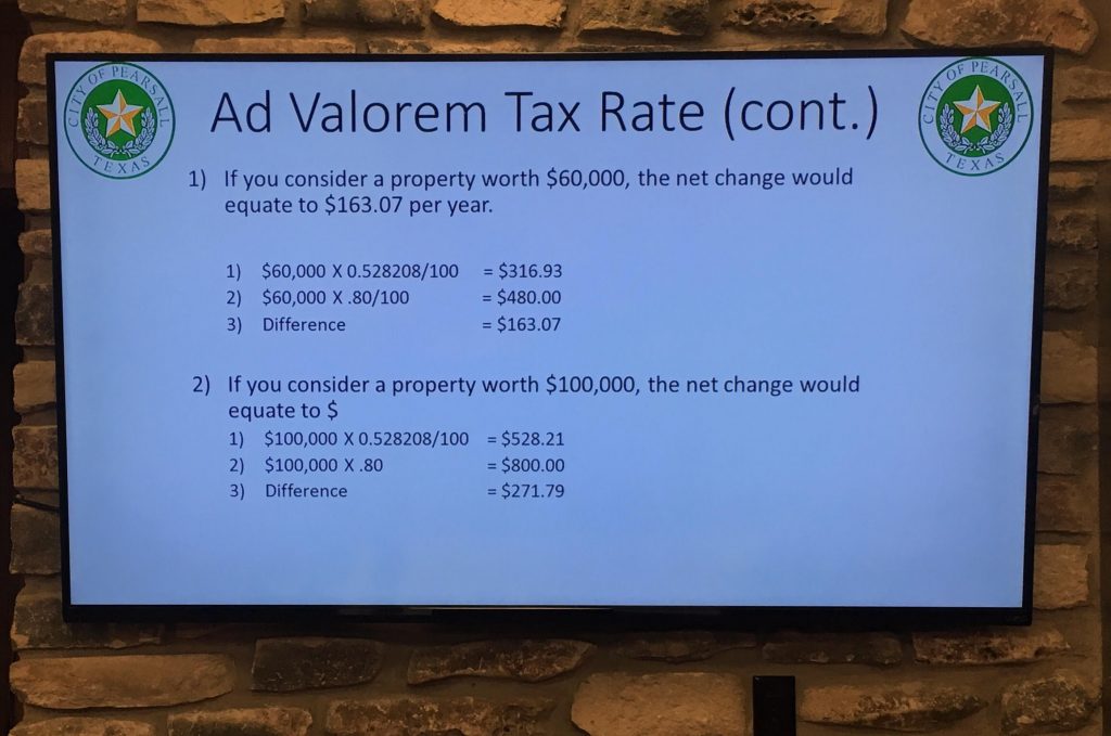 Visual aides at Pearsall's budget and tax meeting.