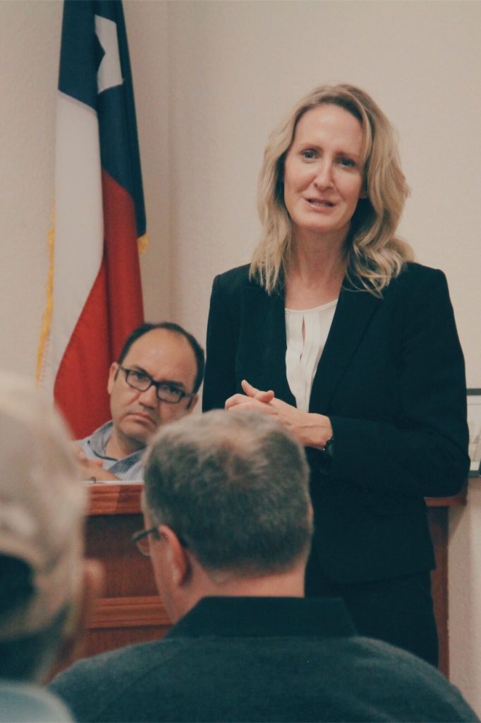District Attorney Audrey Gossett Louis addresses residents of Dilley at their city council meeting.
