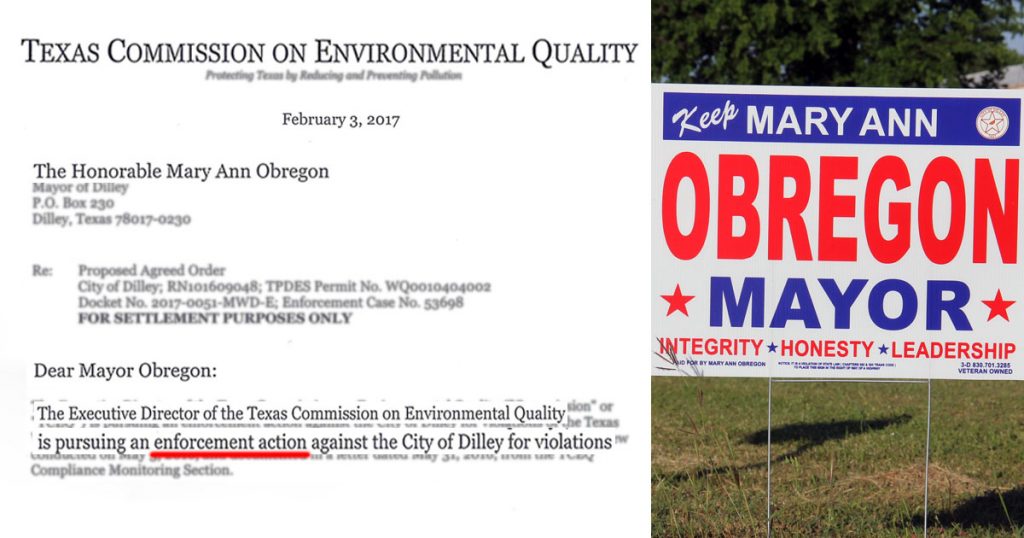 Left: Enforcement Action letter from TCEQ against the City of Dilley. Right: Mayor Obregon's campaign signs read "Integrity * Honesty * Leadership"