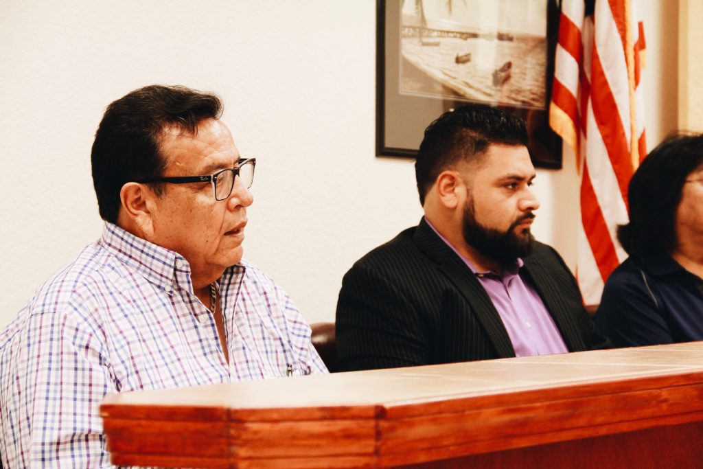 City Councilmen Sabino Mena and Gilbert Eguia participate in their first council meeting as elected officials.