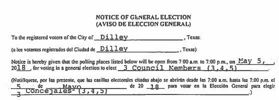 The Final List of Candidates- 2018 Dilley City Council Election